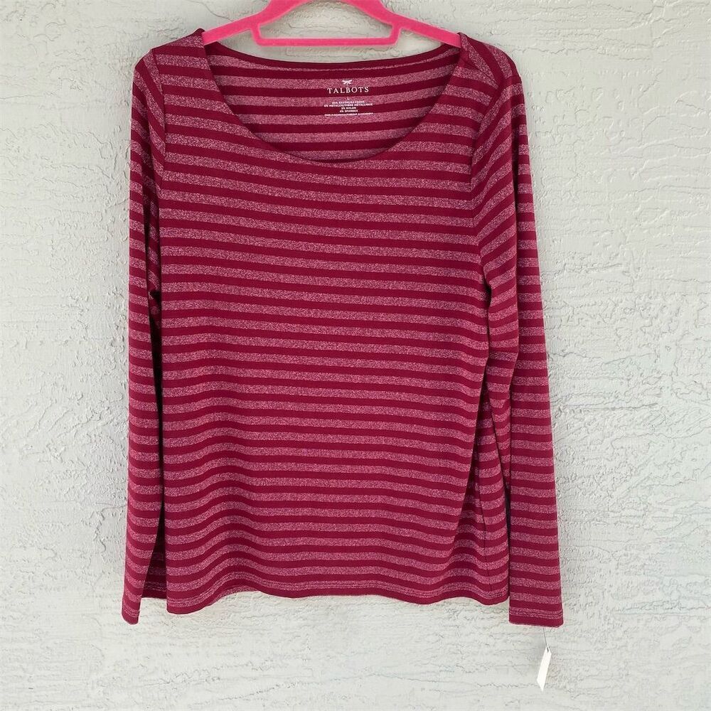 Talbots Women's L Burgundy Striped Long Sleeve Top Casual
